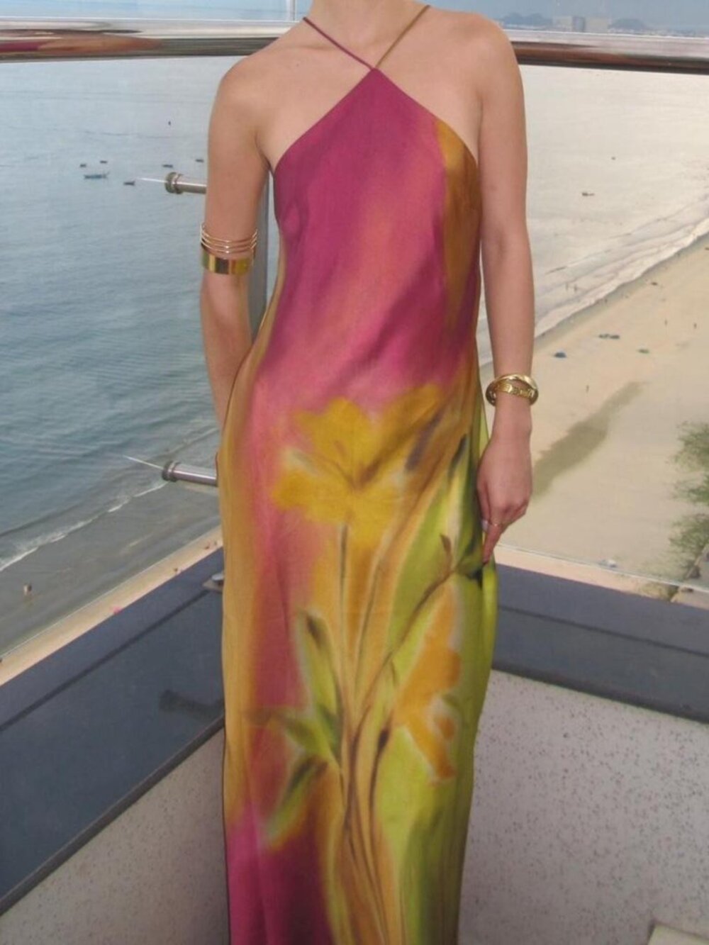 Zara Printed Halter Maxi Dress Multicolor Ombre Botanical Size S